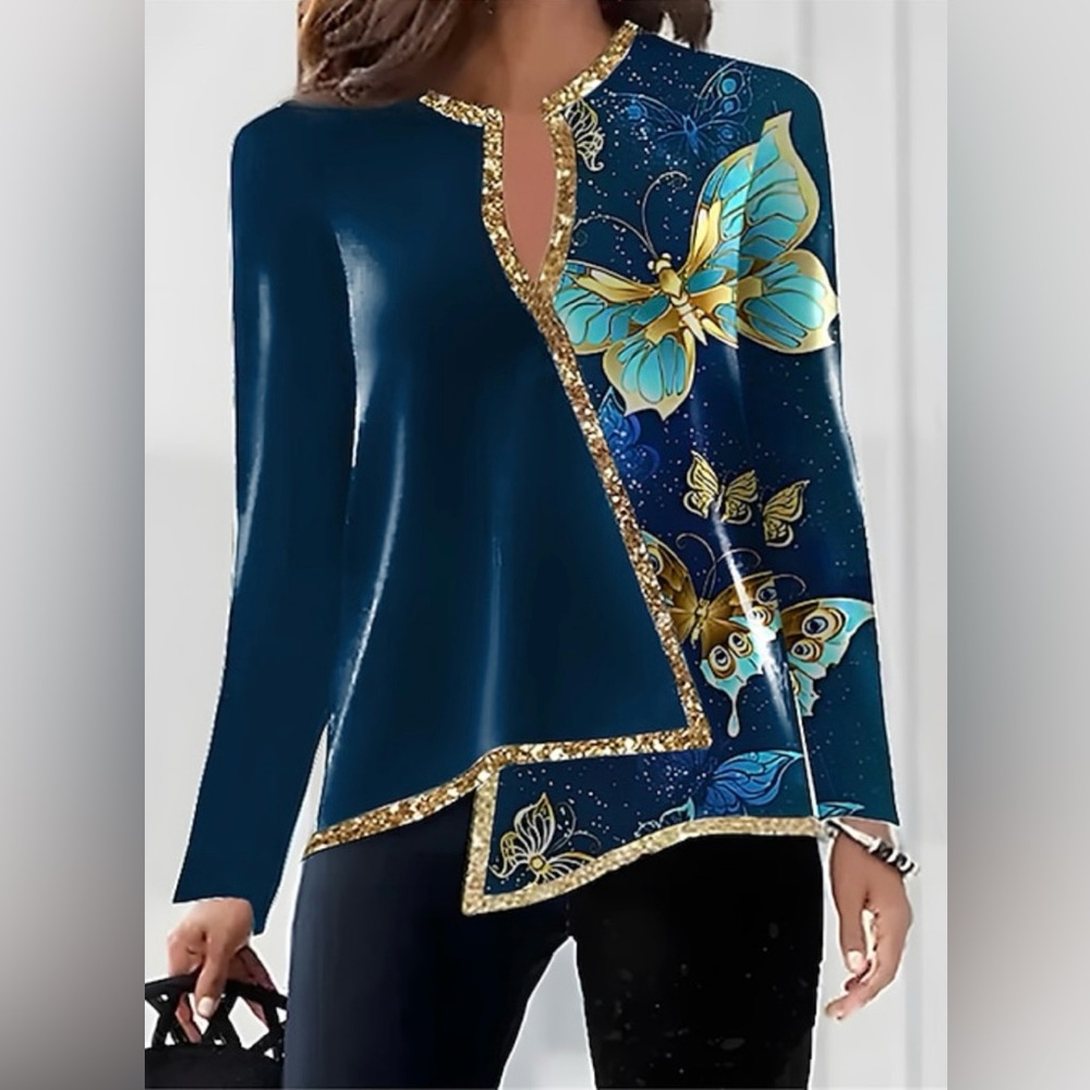Blue Butterfly Print Asymmetrical Pullover Long Sleeve Top